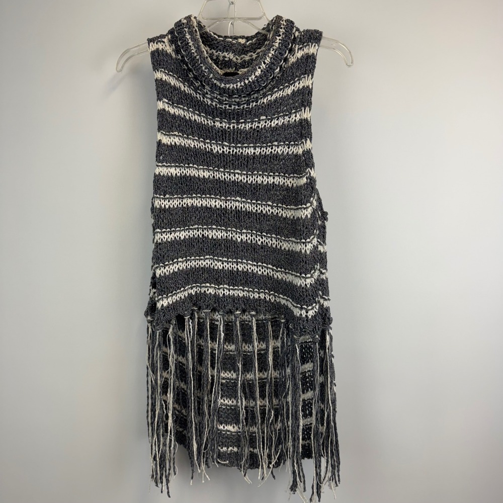 Free People Striped Cowl Neck Fringe Knit Sleeveless Sweater Grey‎ Cream XS